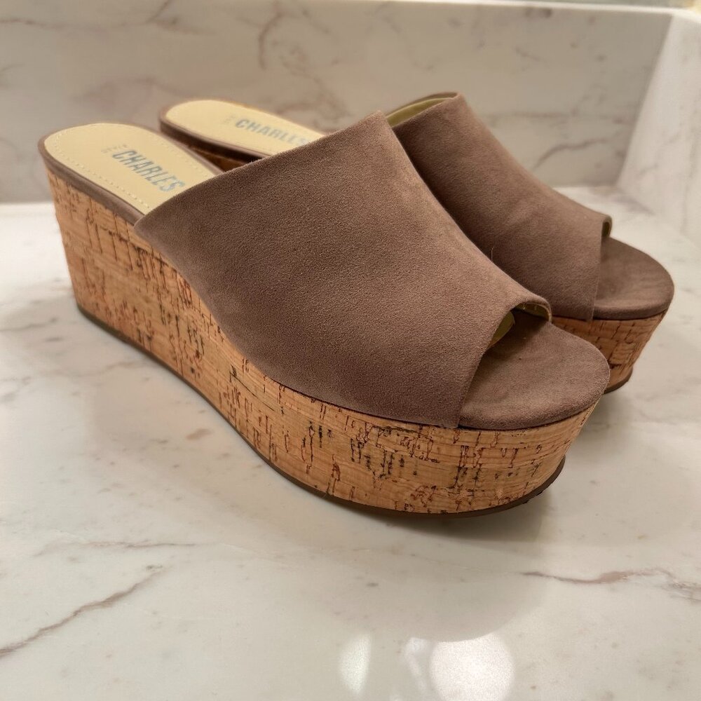 Charles Cork Wedge Slide Sandals Womens Size 6.5 Tan Suede Platform